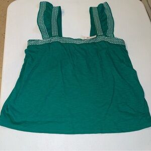 LOFT Knit Top Large Green White Contrast Stitch 100% Cotton Flutter Sleeve New